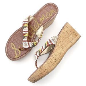 Sam Edelman Rosa Nude Ginger Beaded Thong Cork Wedge Sandal Flip Flop Size 8.5